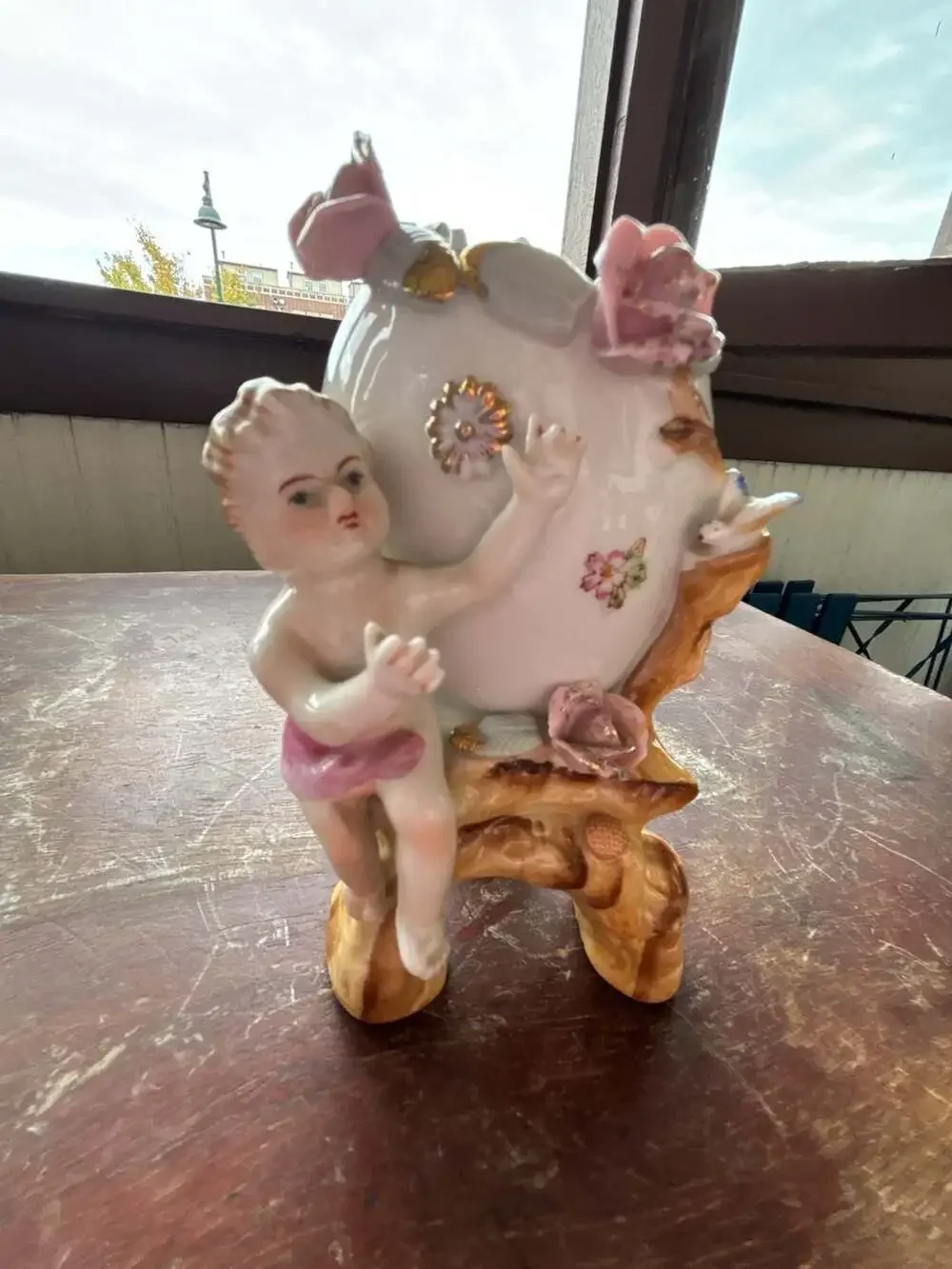 Vintage Ucagco Cherub Gold Trim Bird Flowers Angel Egg Vase Planter